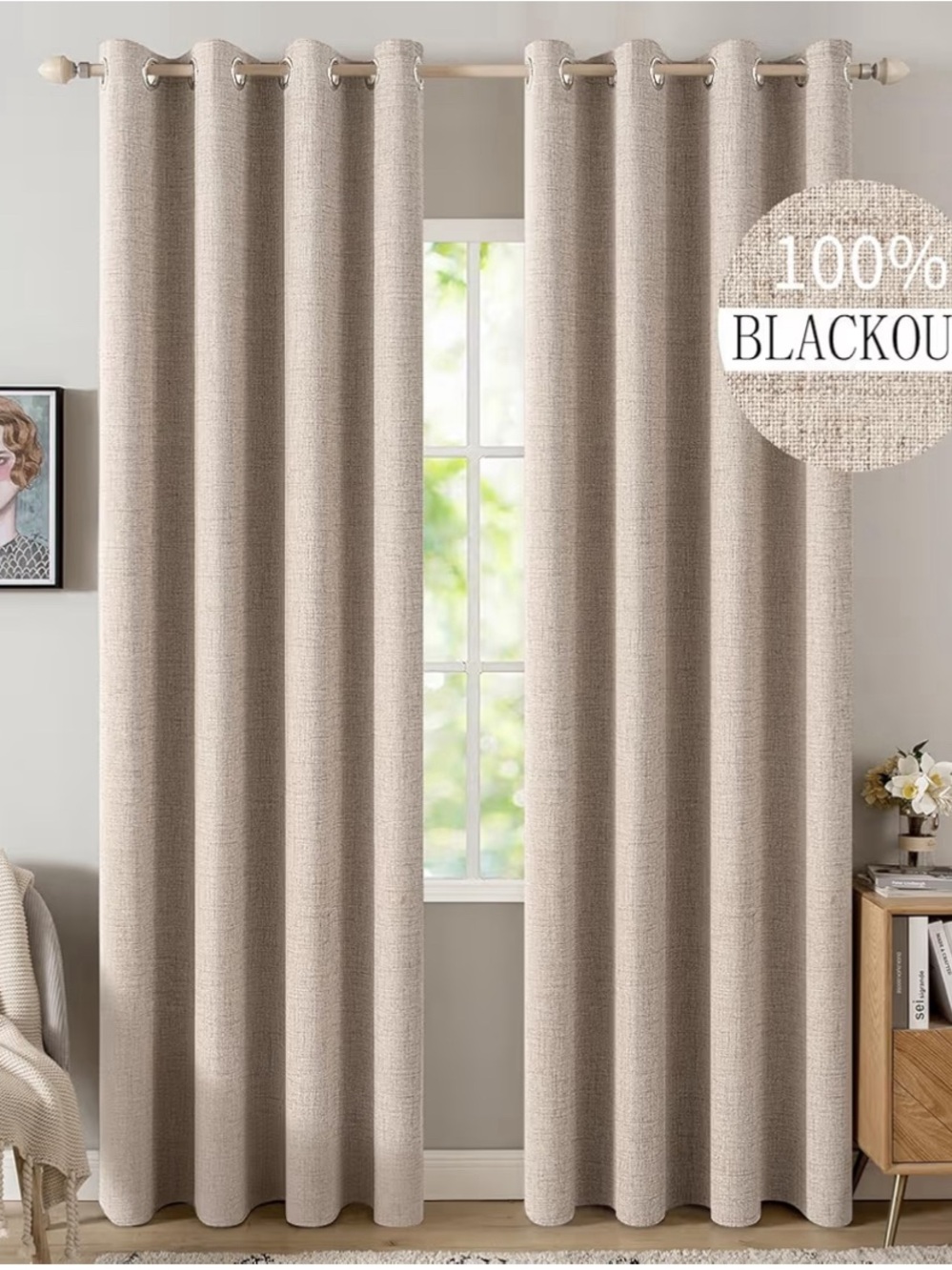 100% Blackout Linen-Texture Curtain Panel in Beige